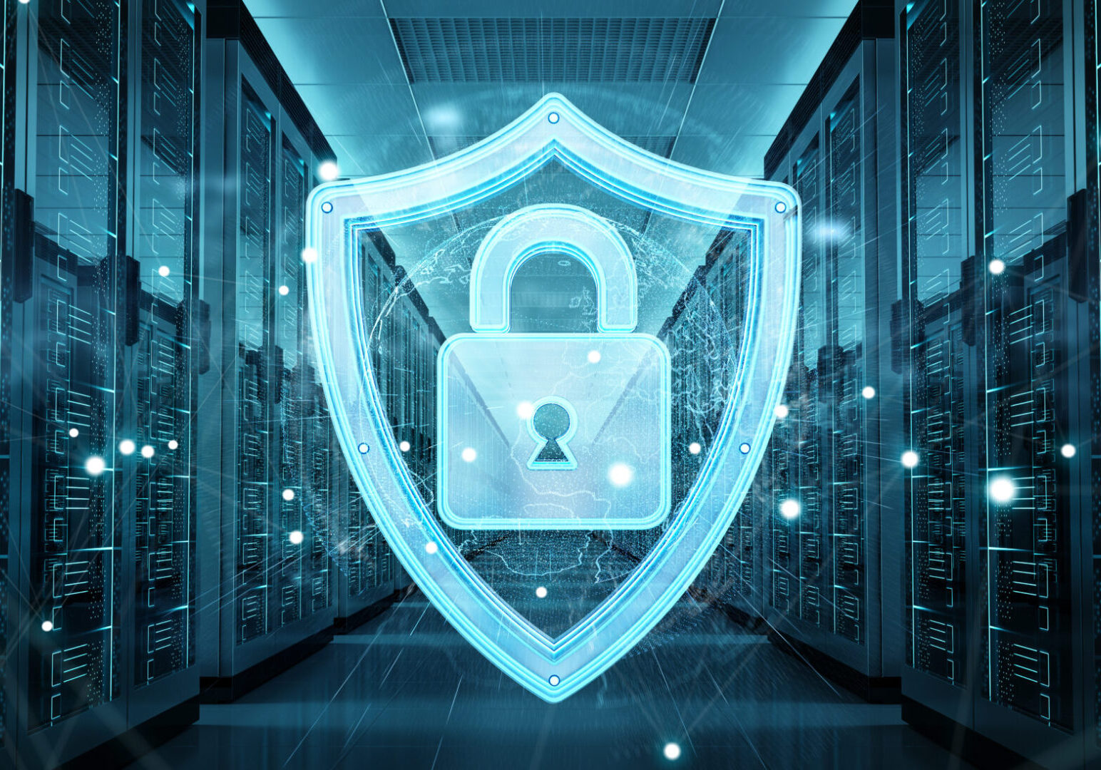 White and blue firewall activated on server room data center 3D rendering Digital security shield over data servers.